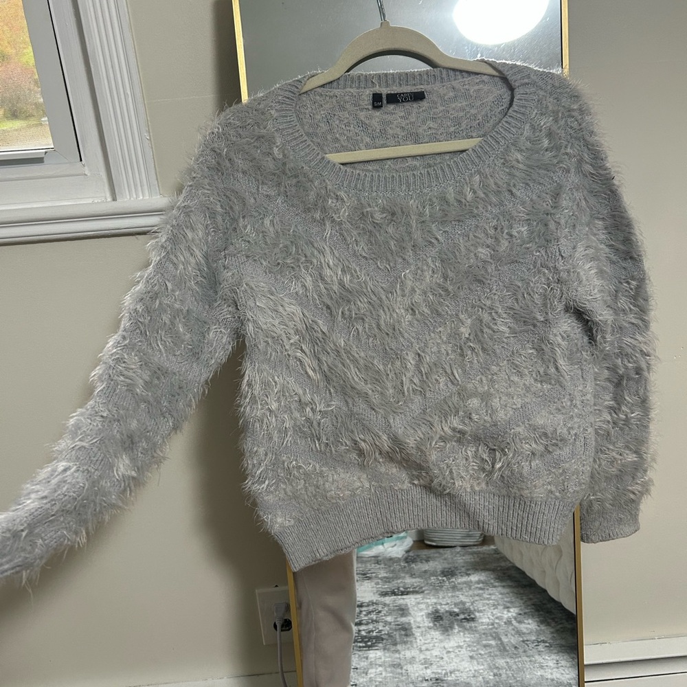 Fuzzy Gray Crew Neck Sweater-Care of You